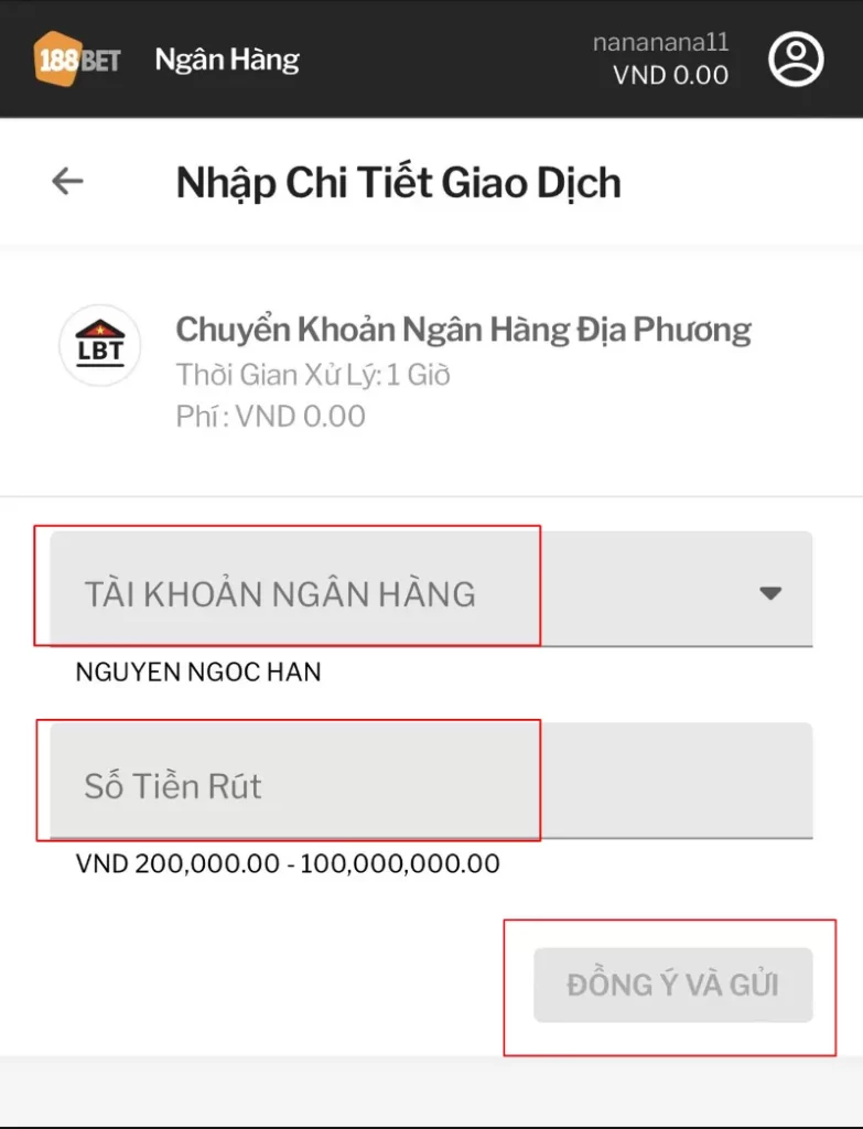 nhập số tiền rút 188BET