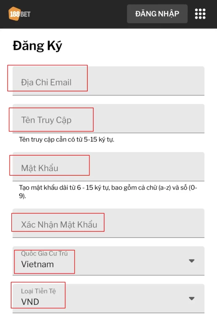 nhập thông tin đăng ký 188BET