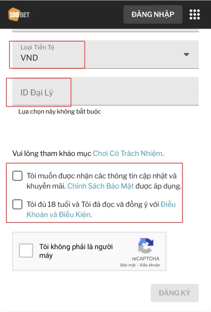 chọn tiền tệ đăng ký 188BET