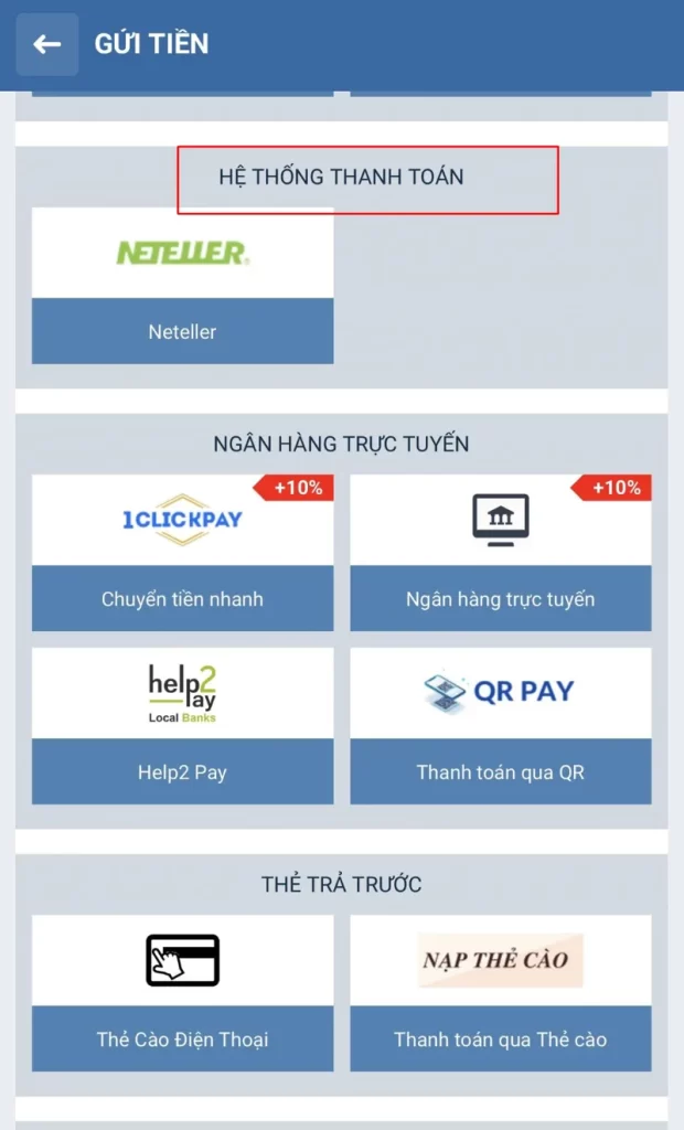 nạp tiền 1XBET hệ thống thanh toán