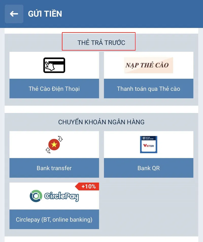 nạp tiền 1XBET thẻ trả trước