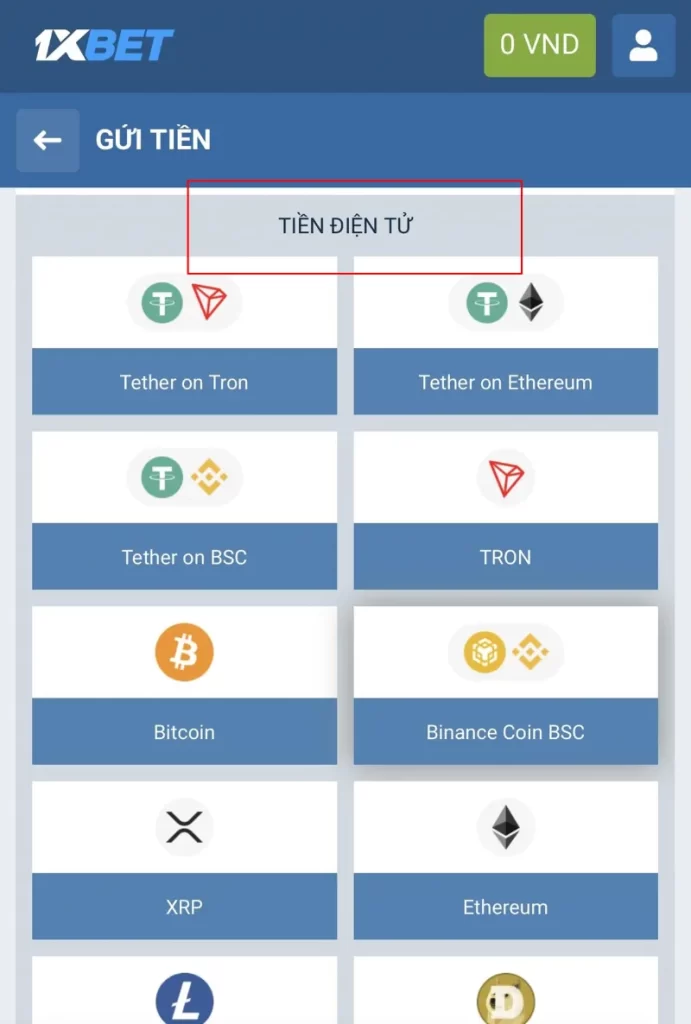 nạp tiền 1XBET tiền điện tử