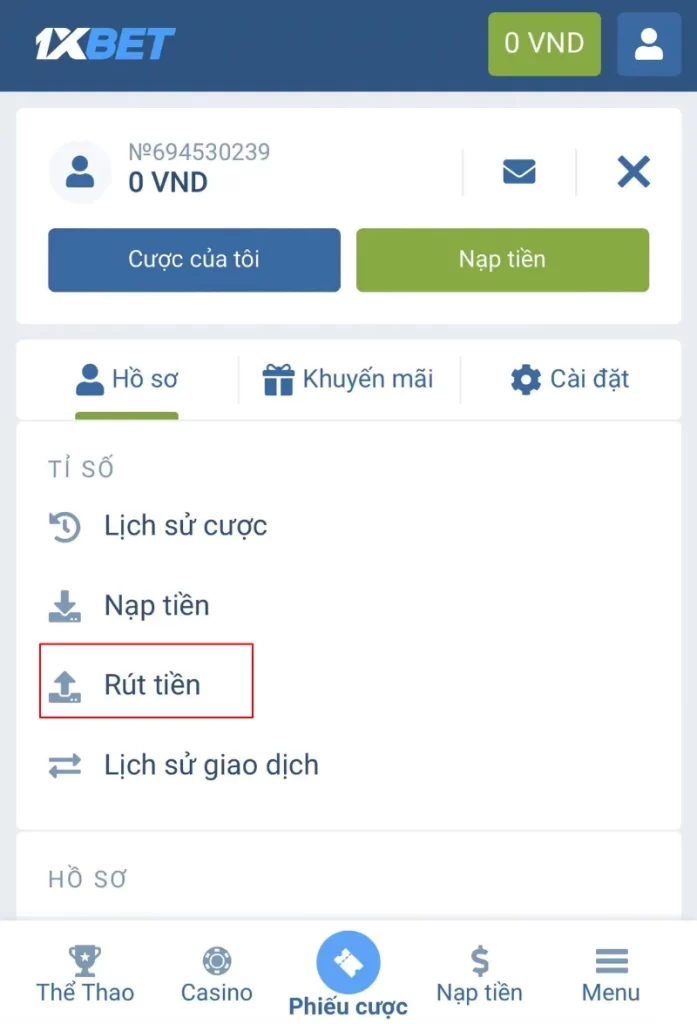 bấm rút tiền 1XBET