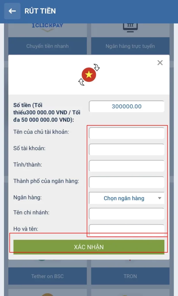 rút tiền 1XBET chuyển khoản ngân hàng