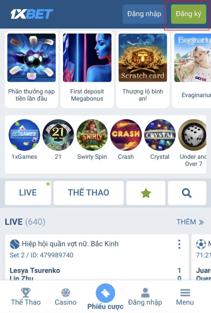 chọn đăng ký 1XBET