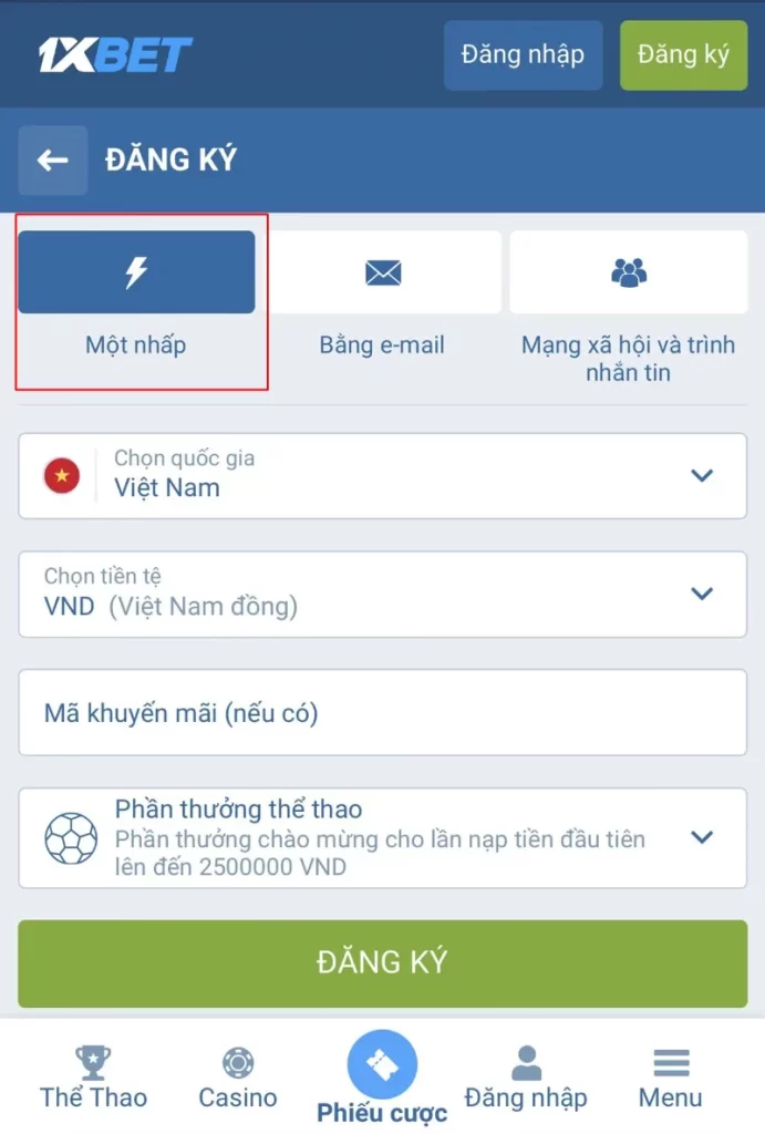 đăng ký 1XBET một nhấp