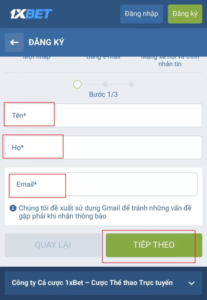 đăng ký 1XBET bằng email