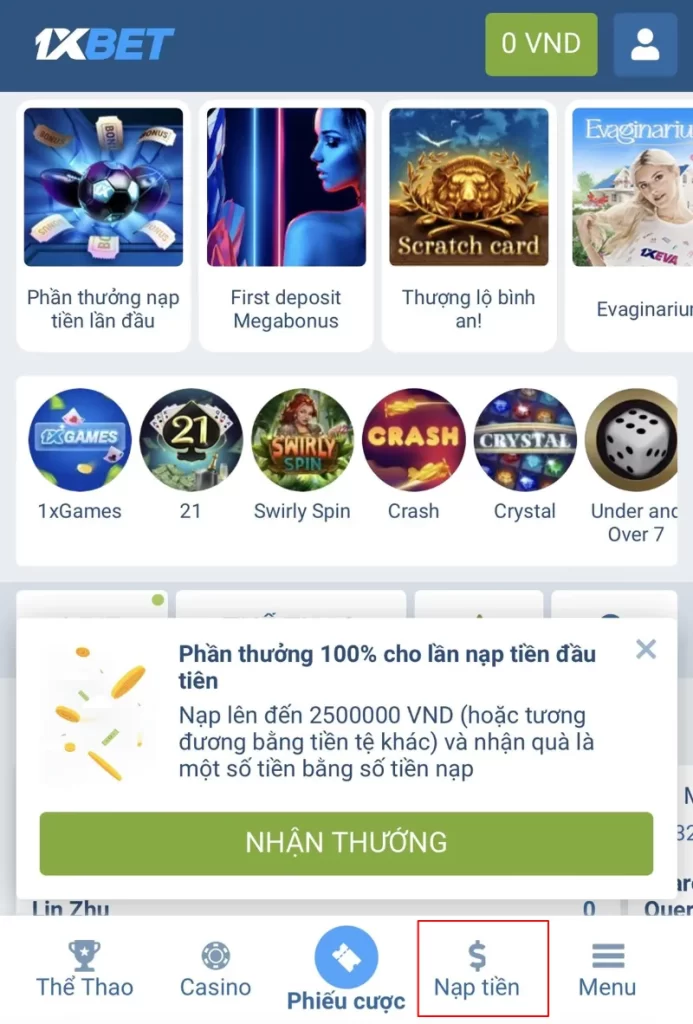 bấm nạp tiền 1XBET