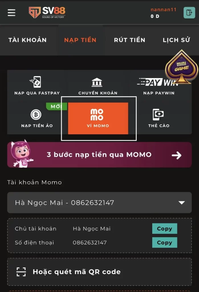 nạp ví Momo SV88